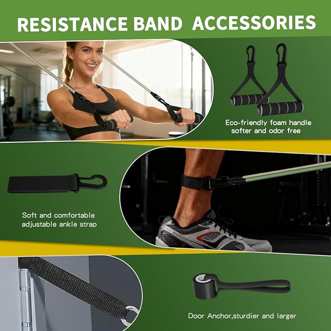 WHATAFIT Resistance Bands Set with Handles - Exercise Bands Home Gym Strength Training Equipment, Includes Door Anchor & Ankle Straps for Full Body Workout Bands, Physical Therapy - for Men and Women
