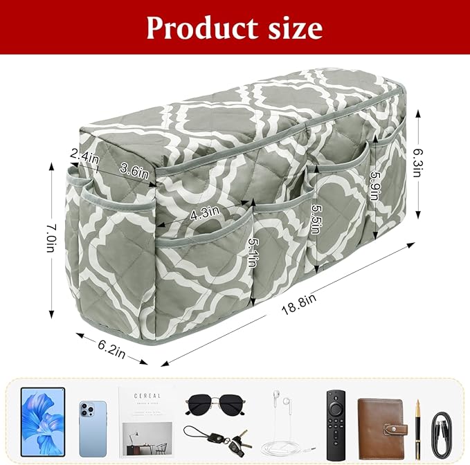 Remote Control Holder, Non Slip Bedside Armchair Caddy, Recliner Arm Caddy Armrest Organizer with 14 Pockets for Cell Phone TV Remote Control Magazines