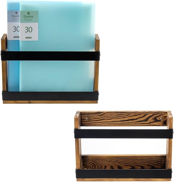 MyGift Set of 2 Rustic Burnt Wood and Matte Black Metal Wall-Mount Magazine Racks – Industrial Style Display Holders for Mail, Books, and Documents