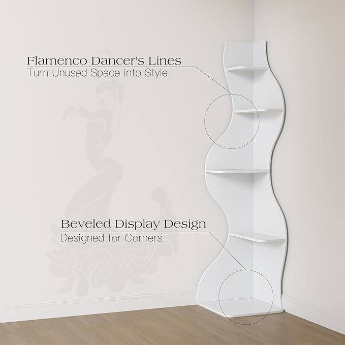 YOWOS Modern Corner Shelf, 5 Tier High Corner Bookshelf for Small Spaces, Scalloped Corner Bookshelf and Storage, Wooden Display Stand for Plants, Books and Decorations (White)