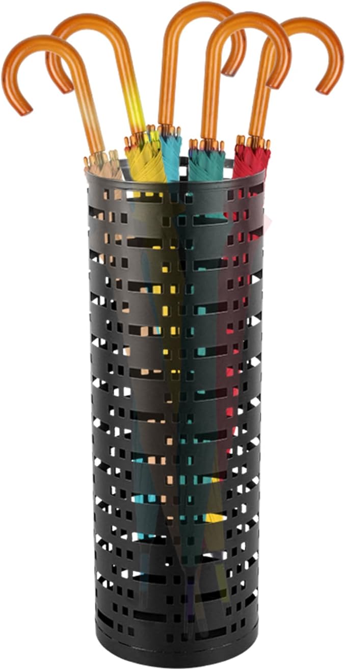 Umbrella Stand Rack, Free Standing Round Metal Umbrella Holder, Walking Sticks Umbrella Bins Waterproof Umbrella Storage Rack 16.5 x 6 inch Hollow Umbrella Storage Bucket for Indoor Home Office(black)