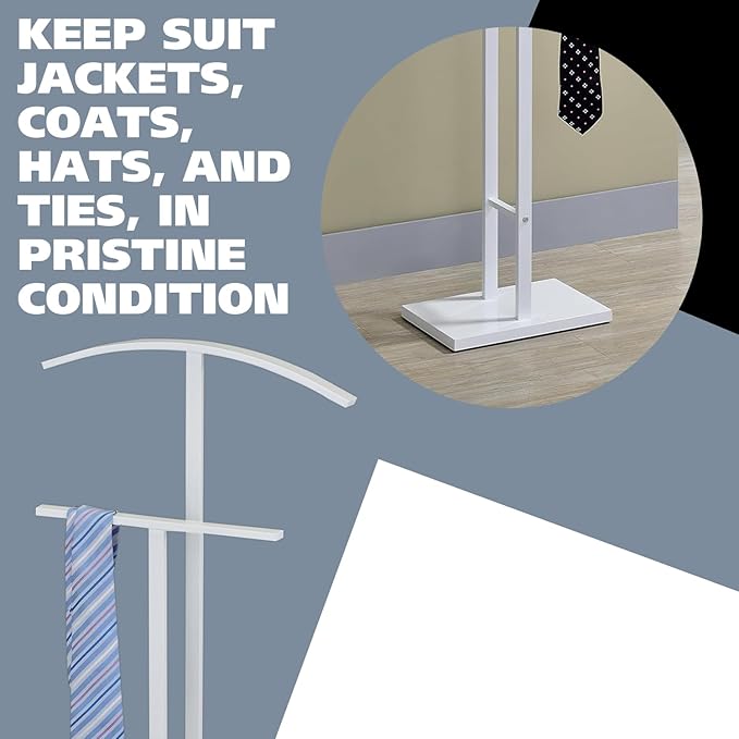 Kings Brand Furniture Dossi Modern Metal Suit Valet Stand, Clothes Rack Organizer with Jacket, Pants & Tie Holder, Space-Saving Garment Rack for Bedroom or Closet (White)