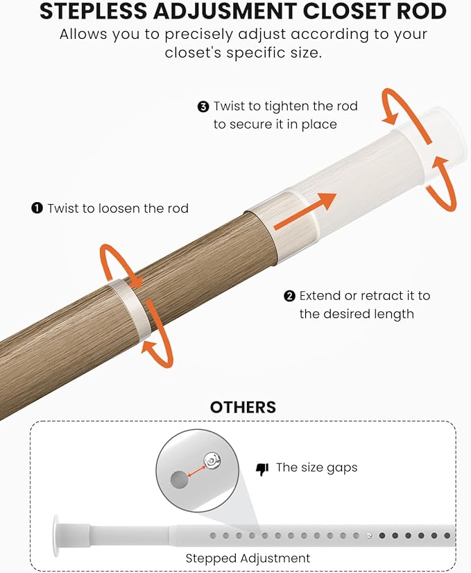 Closet Rods for Hanging Clothes, 17 to 99 Inches Stepless Adjustable Metal Closet Rod, 1.3 Inches Heavy Duty Clothes Hanging Rod for Closet Wardrobes Laundry RV(Wood Grain)