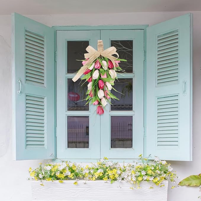 2 Pcs Artificial Tulips Teardrop Swag for Front Door,18 in Spring Floral Swags Wreath with Colorful Tulips,Green Leaves and Burlap Bows,Spring Summer Teardrop Wreath,Wedding Decorative Swag