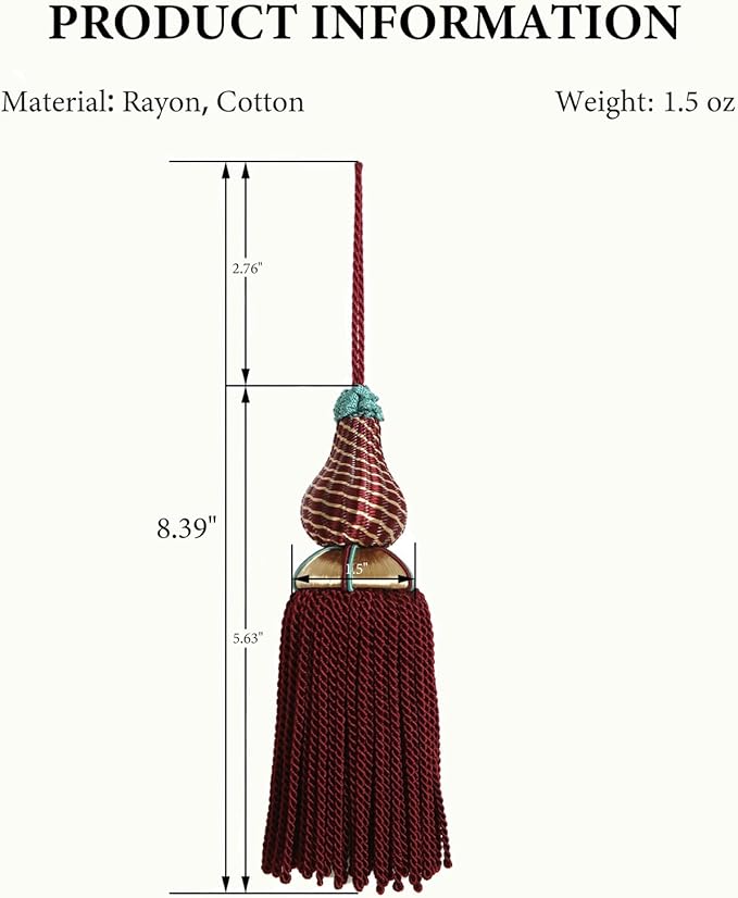 Luxury Tassels for Curtains and Furniture Knobs, 2 Pack - 8.4" Elegant Rayon Decorative Tassel, Silky Tassel Pendant for Cabinet Handles, Home Decor Accents (Red)
