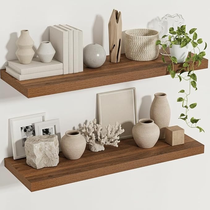 Vivelove Floating Shelves for Wall 12 Inch Deep, 36" X 12" X 1.5" Floating Shelf, 2 Inch Thick Shelf for Living Room Bedroom Kitchen Office, Rustic Farmhouse Decor Set of 2, Walnut