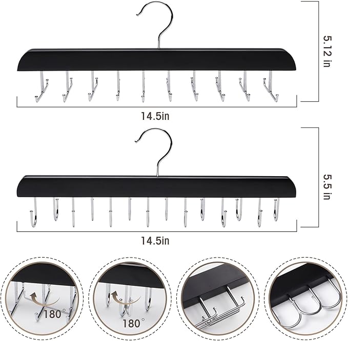 Wooden Tie Rack & Belt Holder 2 Pack, 20-Hook Necktie Hanger & 14-Hook Belt Organizer, Space Saving Multi Functional Closet Storage for Men