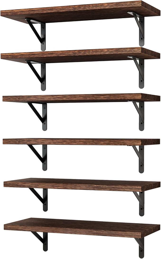 YGEOMER Brown Floating Shelves for Wall, 16.5 Inch Farmhouse Wall Shelves for Bedroom, Bathroom Storage, Living Room and Kitchen Decor (Set of 6 Brown)