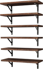 YGEOMER Brown Floating Shelves for Wall, 16.5 Inch Farmhouse Wall Shelves for Bedroom, Bathroom Storage, Living Room and Kitchen Decor (Set of 6 Brown)