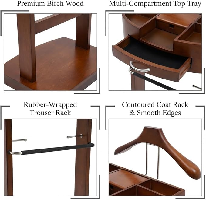 Valet Stand for Men and Women, Wood Suit Rack, Freestanding Coat Stand, Valet Stand Clothing Rack Organizer, Contour Hanger, Trouser Bar, Tie & Belt Hooks for Entryway, Bedroom, Office (Brown)