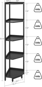 Hzuaneri Corner Shelf Stand, Corner Bookshelf, Storage Standing Shelf Unit with Metal Frame, Plant Stand, Bookcase for Living Room, Home Office, Bedroom, 5-Tier Black CS05906B
