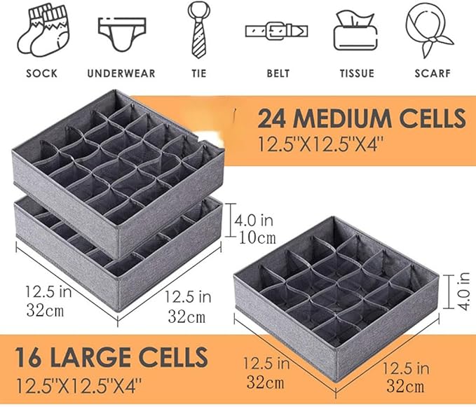 Underwear Organizer with Drawer Dividers, Foldable Fabric Dresser Closet Organizers Bins, Bedroom Cabinet Organization and Storage Box for Baby Clothes, Undies, Ties，Sock-Dark Grey (24cell)