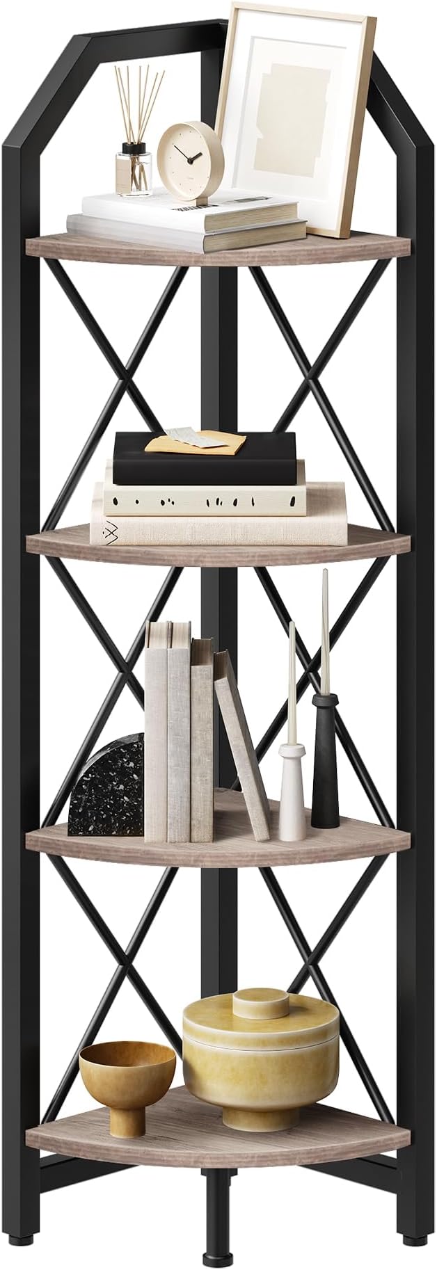 CHOEZON 4-Tier Corner Shelf, Industrial Corner Bookshelf, 47.6" Corner Storage Stand, Plant Stand Display Shelf, Corner Bookcase for Bedroom, Living Room, Home Office, Greige and Black TCJ09BG
