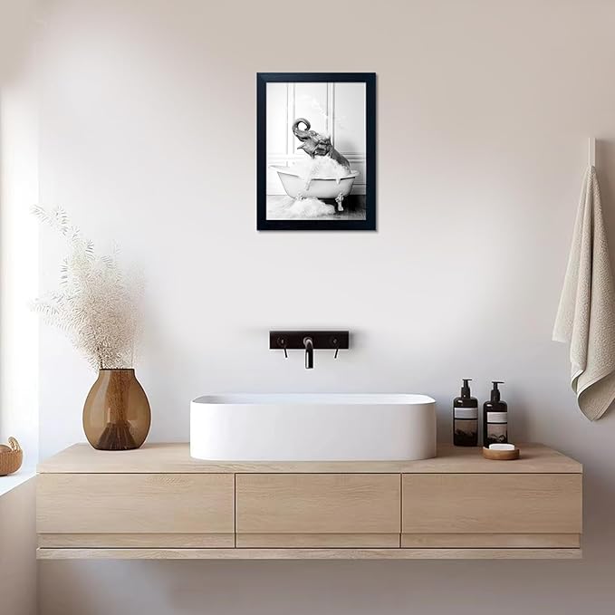 Framed Bathroom Art Wall Decor Elephant in Bathtub Decor Funny Black and White Animal Canvas Print Paintings for Bathroom