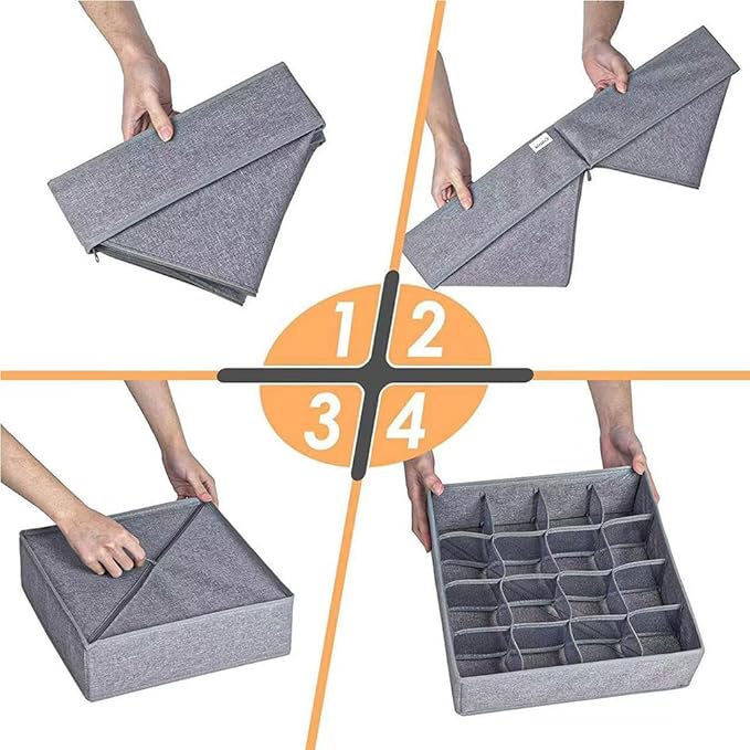 Underwear Organizer with Drawer Dividers, Foldable Fabric Dresser Closet Organizers Bins, Bedroom Cabinet Organization and Storage Box for Baby Clothes, Undies, Ties，Sock-Dark Grey (24cell)
