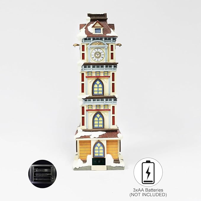 MOMENTS IN TIME Lighted Christmas Clock Tower 14.5” LED Hand-Painted Polyresin Village Decoration Battery Operated Elegant Holiday Tabletop Collectible Gift Ready Tabletop Décor