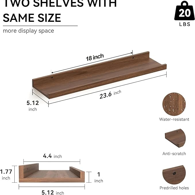 Boswillon 23.6 Inch Long Floating Shelves - 2 Set Farmhouse Wall Shelf for Bedroom, Nursery Book Shelf with Lip, Picture Ledge Shelf for Wall Decor Living Room Bathroom Kitchen - Walnut