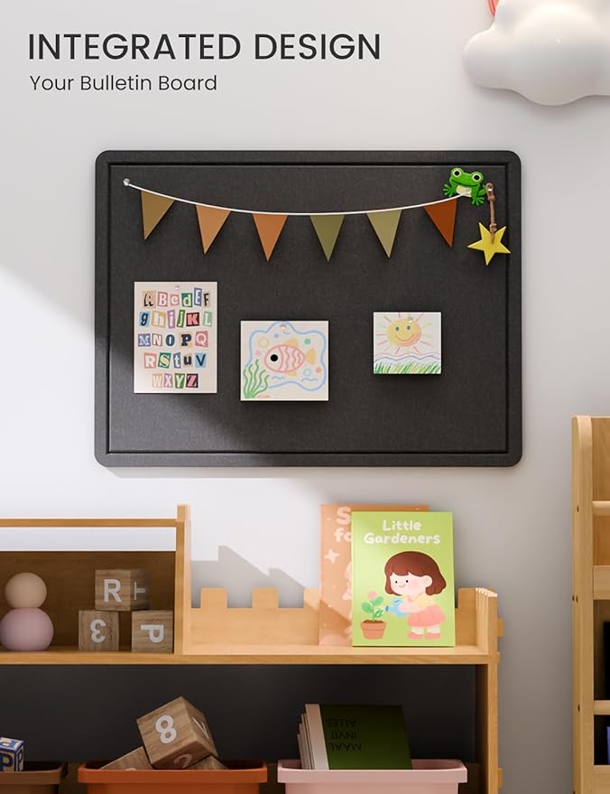 Fluxynara Bulletin Board, 23.6" x 17.5" Cork Board Alternative with 12 Safe Removable Adhesive Tabs, Foldable Felt Pin Board for Home Office, Classroom, Bedroom,Entryway for Walls—Black