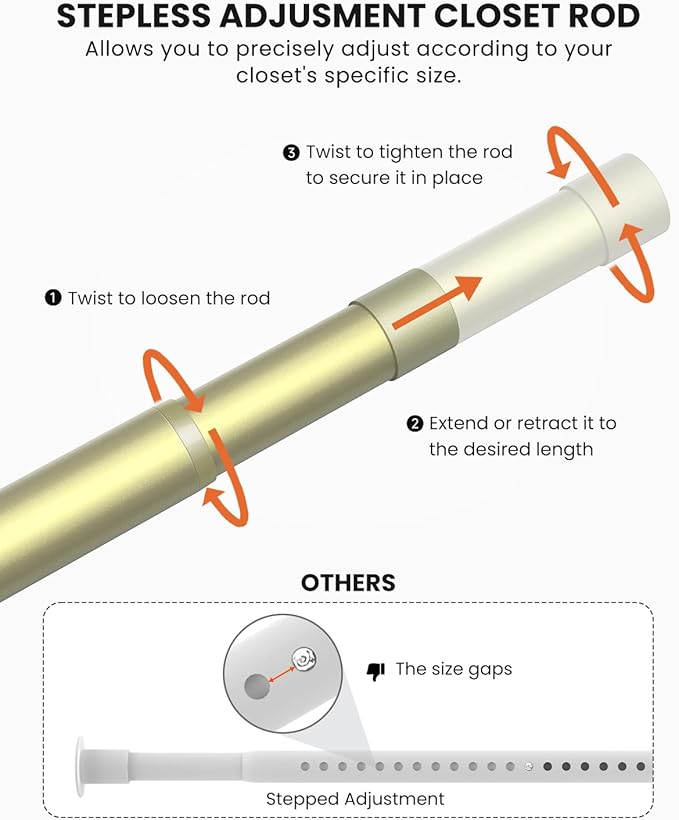 Closet Rods for Hanging Clothes, 17 to 99 Inches Stepless Adjustable Metal Closet Rod, 1.3 Inches Heavy Duty Clothes Hanging Rod for Closet Wardrobes Laundry RV, Verdant Gold