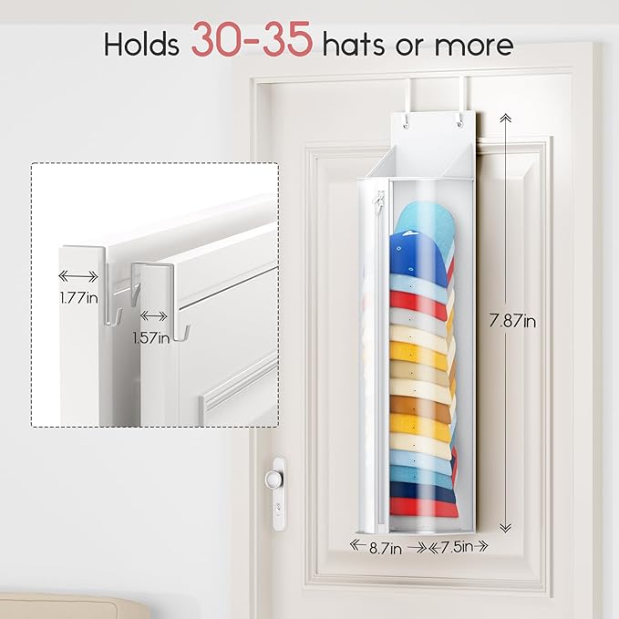 Hat Rack for Door and Closet – Large Capacity Hanging Hat Rack Organizer Holds 30-35 Caps, Over the Door Hat Storage Organizer for Bedroom, Entrance or Dorm, 1 Pack, White
