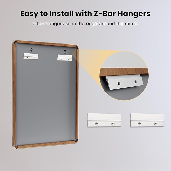 LOAAO 60X28 Inch Bathroom Mirror with Wood Grain Colored Metal Frame, Rounded Rectangle Metal Framed Bathroom Mirror, Anti-Rust, Hangs Horizontally or Vertically, Tempered Glass