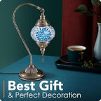 Yarra-Decor Turkish Moroccan Lamp with Bronze Base 3 Color Options Handmade Swan Neck Tiffany Mosaic Glass Bedside Lamps for Bedroom (LED Bulb Included)