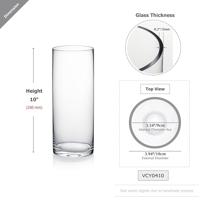 WGVI Quality Thick Weighted Clear Cylinder Glass Vases, 4" W x 10" H, Flower Arrangement Floating Candle Holders Wedding Centerpieces Terrarium Planter Floral Pen Brush Storage Container, 1 Piece