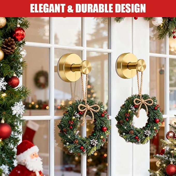 4 Pack Suction Cup Wreath Hanger, New No Drill Suction Cup Hooks for Door Wreaths, Reusable Holder for Glass Window, Door, Fall, Halloween, Christmas, Welcome Sign(Gold)