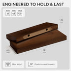 Homeforia Walnut 18 inch Floating Shelf, High End Solid Real Wood 18inch Floating Shelves for Wall Mounted, Dark Brown 18 inches Long Floating Shelves, Heavy Duty Bracket, 18 X 6.5 X 1.75 in, Set of 2