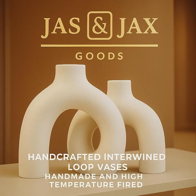 Cream White Decorative Vase Set - Modern Hug Donut Ceramic Vases by JAS & JAX GOODS, Minimalist Boho Style Centerpiece for Console Table, Living Room, Bookshelf, or Fireplace Mantel