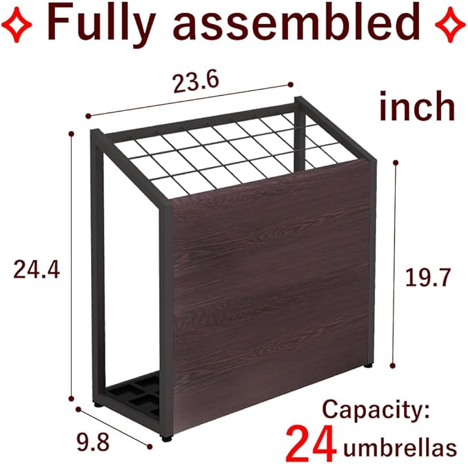 AKIRA Large Capacity Umbrella Stand for 24-Umbrellas Modern Brown Wood Grain & Black Metal Entryway Organizer Rack Holder for Office or Lobby, Model US-US-0625-BKDB