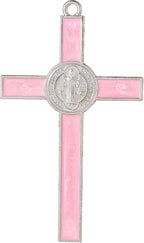 VINETEN Crucifix - Saint Benedict Crucifix Wall Cross Give Blessing and The Spiritual Sacred Pink Enamel Wall Cruciifx for Girl 5 Inch