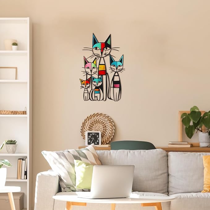 Wesiti Cat Wall Art Decor Metal Cat Wall Sculptures Room Decor for Cats Lover 10.6 x 15.7 Inches Colorful Mid Century Retro Wall Art for Home Living Room Bedroom Kitchen Office
