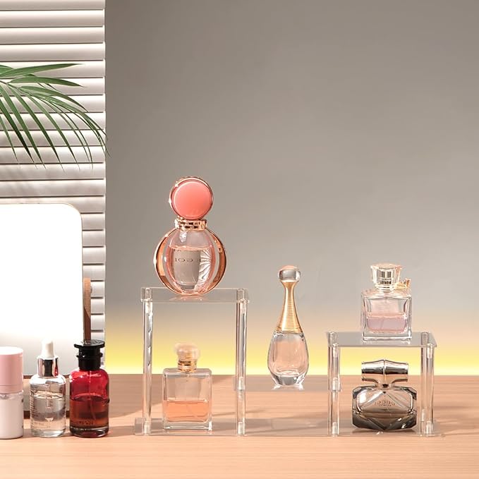 Clear Action Figures Display Risers Stand Shelf, Acrylic Perfumes Stands 3 Tier Display for Collectibles Pop Figurine,Cupcake Stand Perfume Organizer