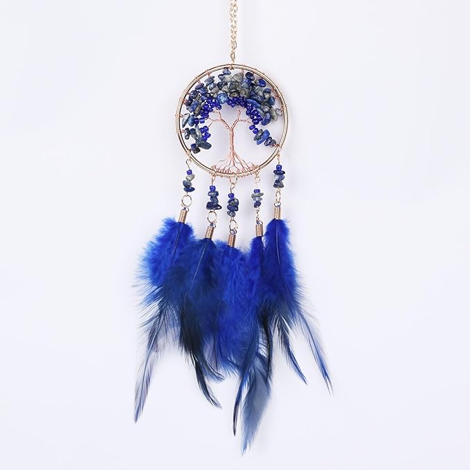 Pretty Jolly Small Tree of Life Crystal Stone Dream Catchers Deepblue Feathers Mini Dreamcatchers for Car Rear View Mirror Hanging Decoration Good Luck Travel Charm Bedroom Ornaments for Women Girls
