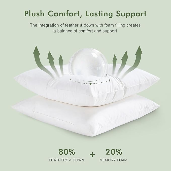 Feathers Down Throw Pillow Inserts 12x20, Set of 2, 100% Organic Cotton Shell, Soft Decorative Lumbar Pillow Insert for Living Room Sofa, Couch, or Bed (White)