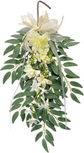 Artificial Hydrangea Teardrop Swag Hanging Floral Spring Swag Wreath with Willow Leaves Fake Plant Ivy Branch for Front Door Wedding Arch Window Wall Decor(White)