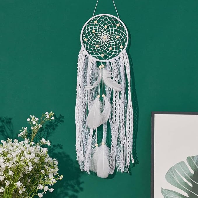 Boho Dream Catcher Wall Hanging Set of 5 Large Moon Dream Catchers with Luxurious Feathers and Beads, Handcrafted Wall Decoration for Bedrooms, Nurseries and Living Rooms (White)