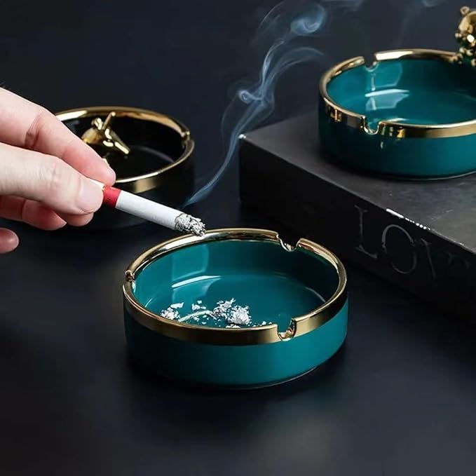 Saim Ceramic Cigar Ashtray for Men - Retro Round Desktop Ash Tray with Gold Edge, Anti-Slip Bottom, for Home Office Patio Outdoor Smoking - Green