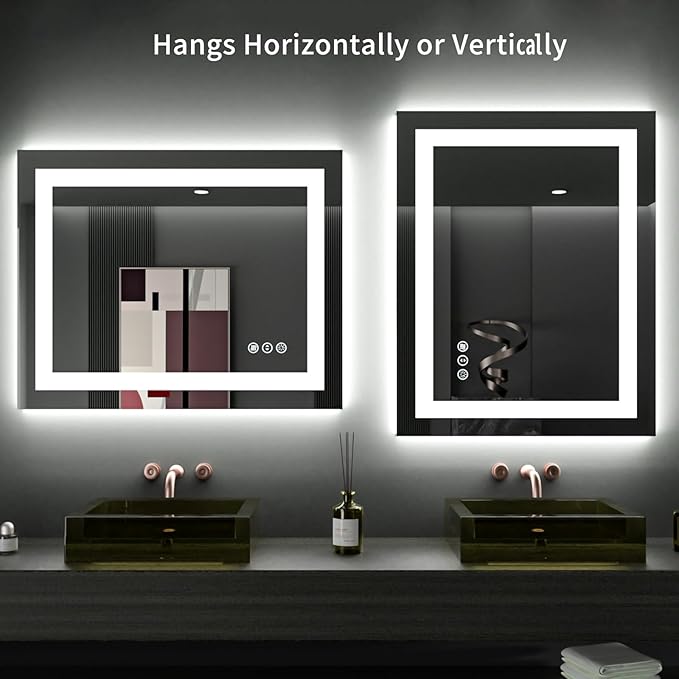 LOAAO 28"X32" LED Bathroom Mirror with Lights, Anti-Fog, Dimmable, Backlit + Front Lit, Lighted Bathroom Vanity Mirror for Wall, Memory Function, Tempered Glass, ETL Listed