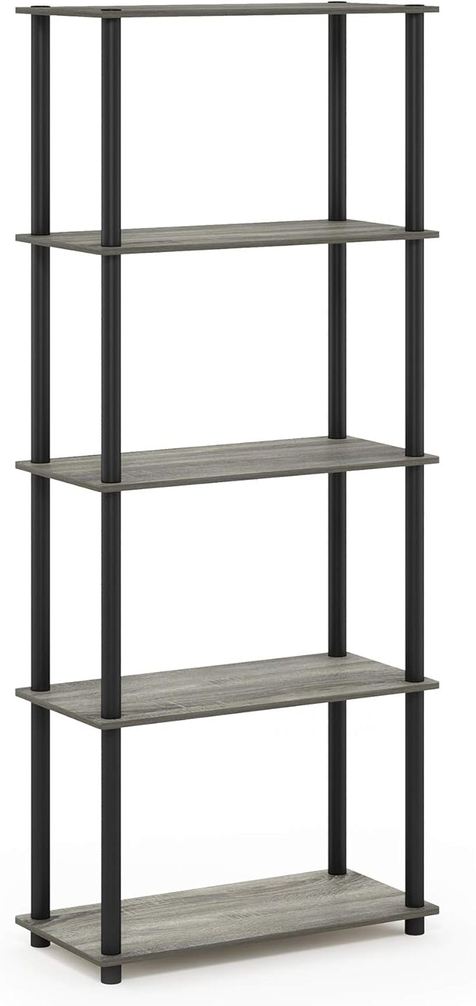 Furinno TURN-N-TUBE Storage Shelves, 5-Tier Book Shelf, Corner Shelf, Toolless Open Shelves, for Organization and Storage, Living Room, Garage, Home Office, French Oak