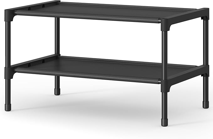 SONGMICS Shoe Rack, 2-Tier Shoe Storage Organizer, Space-Saving, 11.7 x 16.5 x 12.2 Inches, Entryway, Metal Frame, Non-Woven Fabric Shelves, Ink Black ULSH012BH01