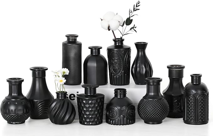 Mini Bud Vases As Wedding Centerpieces for Tables,Clear Bud Vases for Flowers,Small Flower Vases Suitable for Birthday Party,Anniversary,Wedding Reception,Baby Shower (Matt Black, 12PCS)