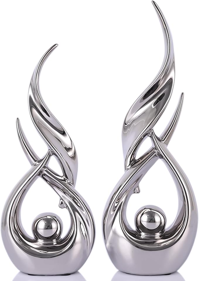 2 PCS Silver Ceramic Statues For Home Decor Accents, Modern Abstract Art Sculptures, Elegant Tabletop Decorative Objects For Dining Room, Entryway, Tv Stand, Mantel, Coffee Table Centerpieces