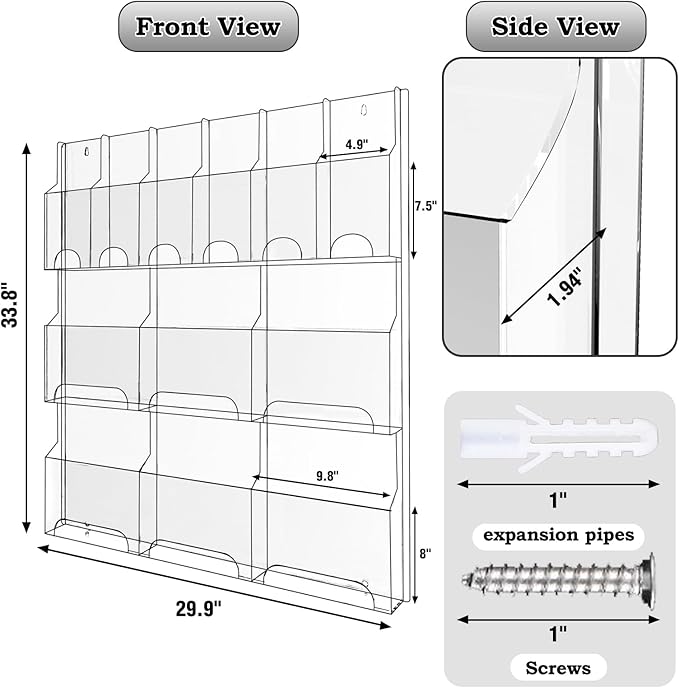 Acrylic Brochure Pamphlet Holder, 6 Magazine Holders and 6 Pamphlet Holders, Clear Brochure Display Stand Wall Mount, Trifold Flyer Rack, Literature Storage Rack for Home, Offices, Waiting Room