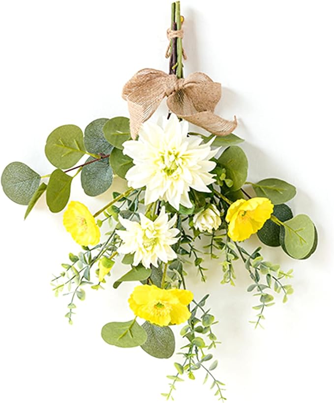 FQQWEE 2 Pcs Artificial Flowers Teardrop Swag 19.7 Inch Spring Summer Floral Swag Wreath with Eucalyptus Leaves and Mix Flowers Decorative Teardrop Wreaths for Front Door Wall Wedding Home Decor