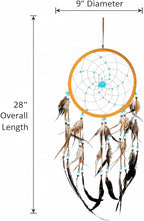 OMA Large Dream Catcher – Brown Suede with Turquoise Stones and Feathers, Traditional Dreamcatcher for Bedroom, Living Room, Dorms & Gift, Size - 28” x 9”