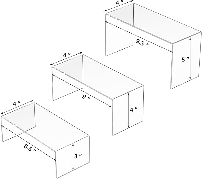 Sezanrpt 8.5x9x9.5 Inch Acrylic Risers Display Stands 3pcs, Rectangular Display Risers 3 Steps, Clear Acrylic Stand for Brand Store, Retails