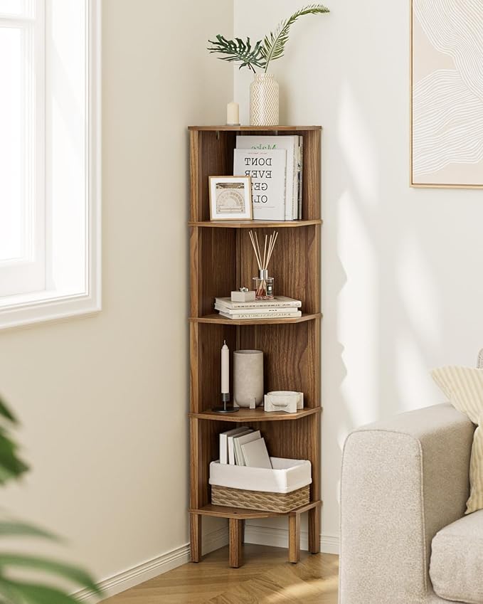 Corner Shelf, 5 Tier Corner Bookshelf, Display Corner Shelf Stand with Storage Rack, Wall Corner Bookshelf for Living Room, Bedroom, Office, Walnut