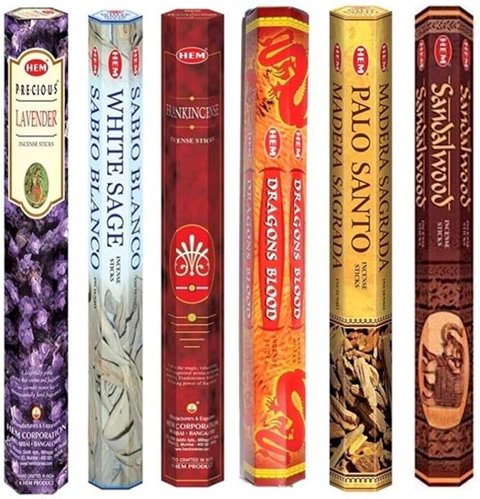 Hem Incense Sticks – 6 Fragrances (Lavender, White Sage, Frankincense, Dragon’s Blood, Palo Santo & Sandalwood) | 120 Sticks | Natural Aromatherapy for Meditation, Relaxation & Home Fragrance